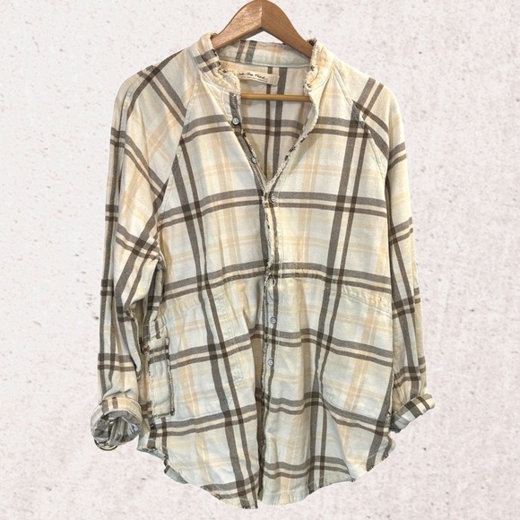 We The Free Plaid Button Down Shirt - Cream and Brown - Picture 1 of 4